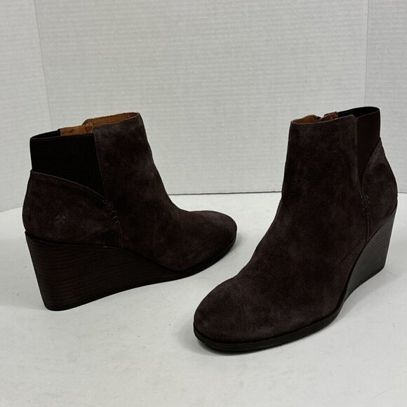 Lucky Brand NWOB Zorlina Wedge Bootie 10M Suede + Textile Upper Brown Zipper - Picture 6 of 16